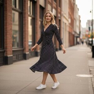 Anne Klein Women's Polka Dot Faux Wrap Maxi Dress Long‎ Sleeve Black White